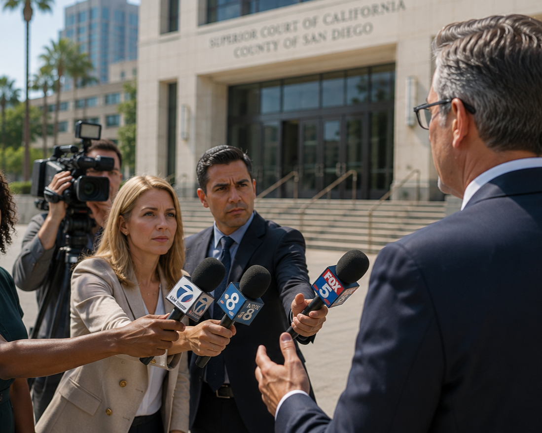 Attorney Ronald B. Laba speaking with news reporters outside the Superior Court of California, County of San Diego