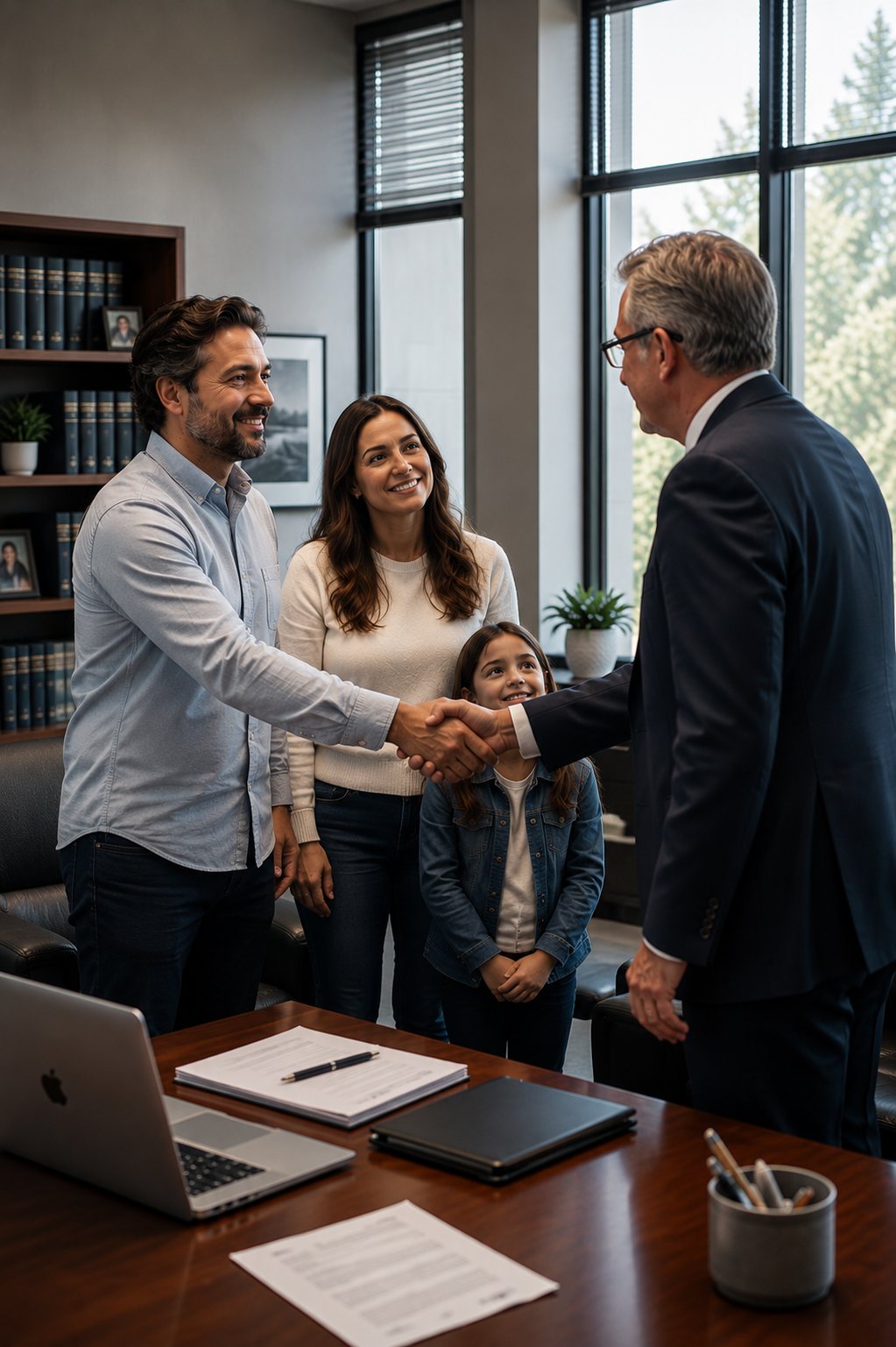 Attorney Ronald B. Laba shaking hands with a client family in his San Diego office